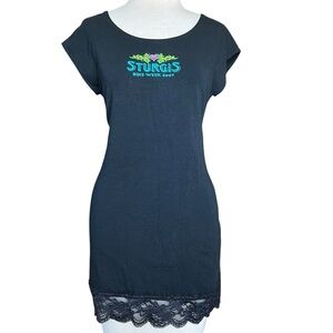 Women’s Black Biker Moto 2007 Sturgis Rally Lace Trim Tee Sz L